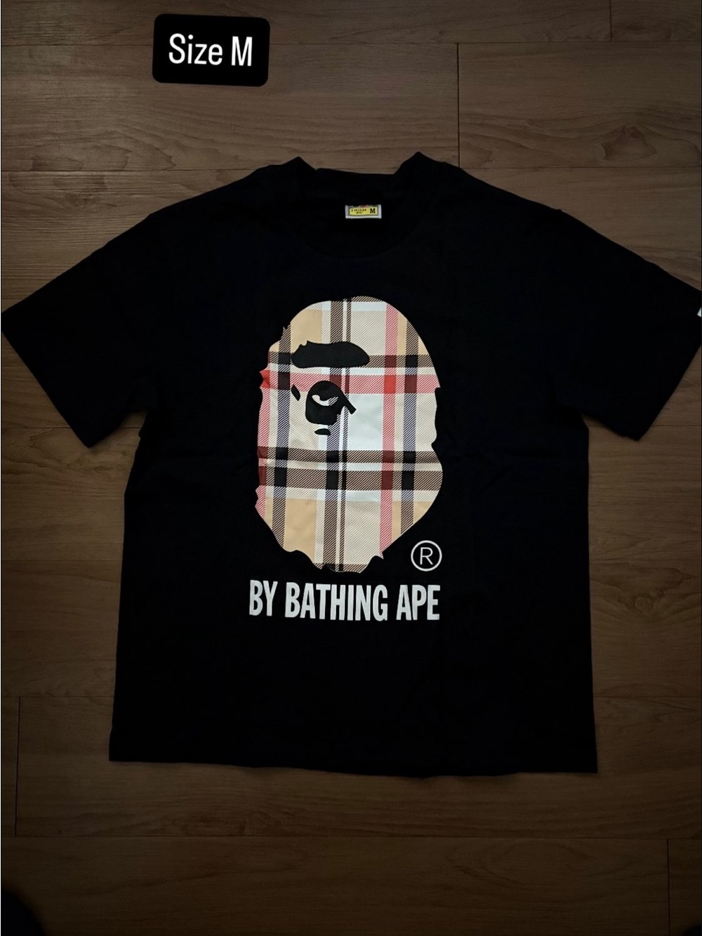 Bape Black Tee with Beige/Red Plaid Ape Head